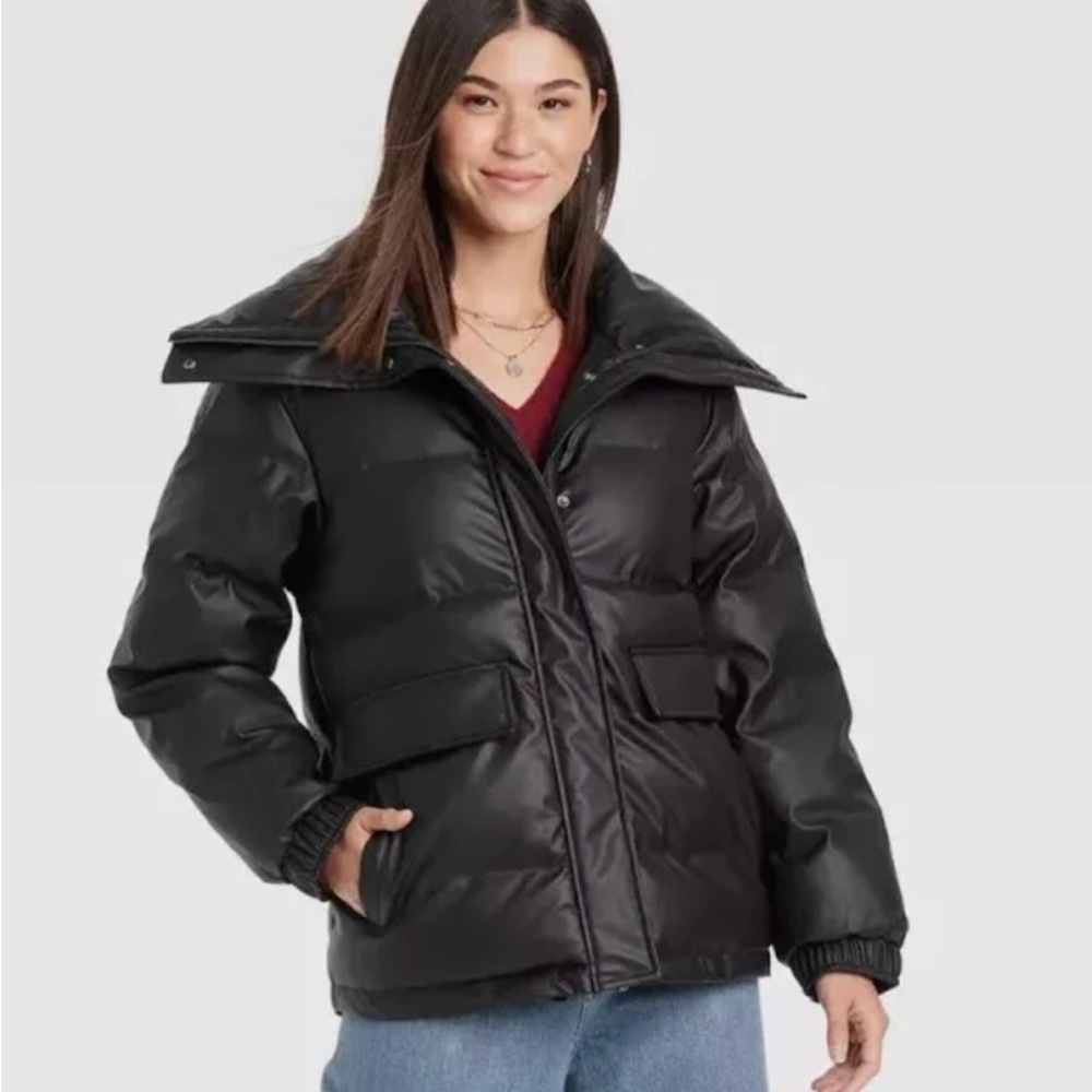 Universal Thread Black Mid-Length Puffer Jacket Quilted Design